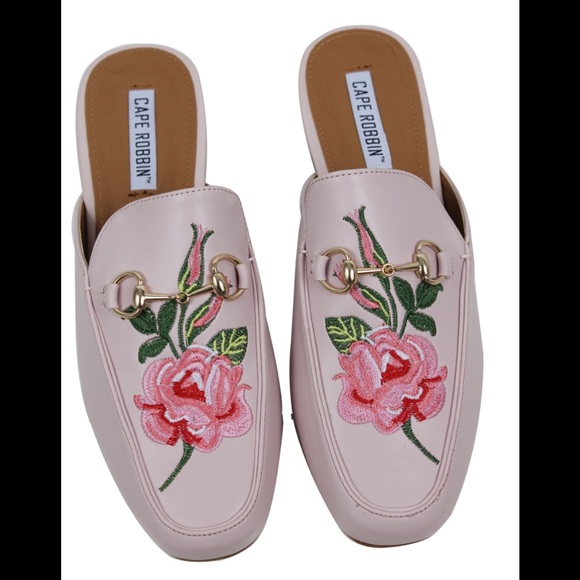 Shoes - Light Soft Pink Floral Embroidered Slip on Mules